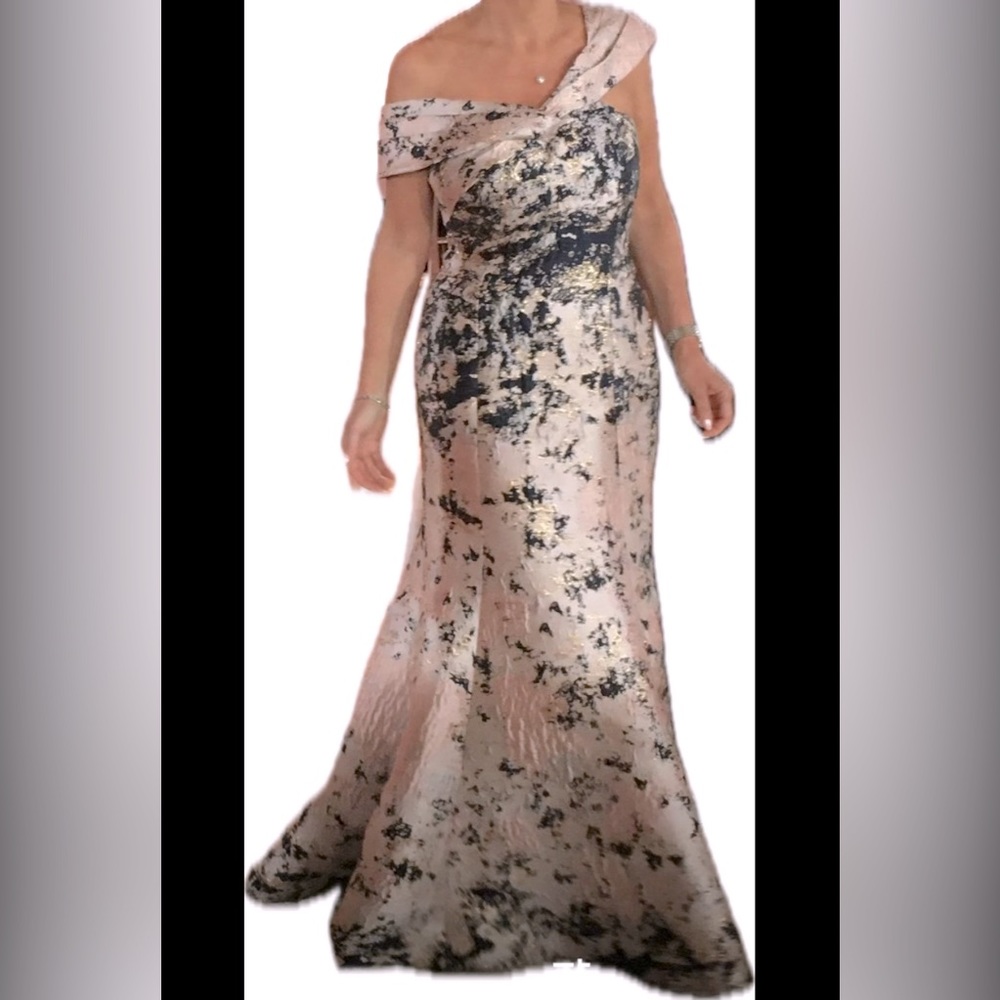 Aidan Mattox jacquard asymmetrical gown with pleated detail.